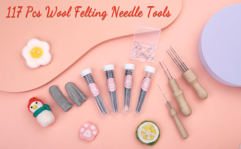 117 Pcs Wool Felting Needle Tools, Needle Felting Supplies, 1/3/8 Needle Wooden Handle with 4