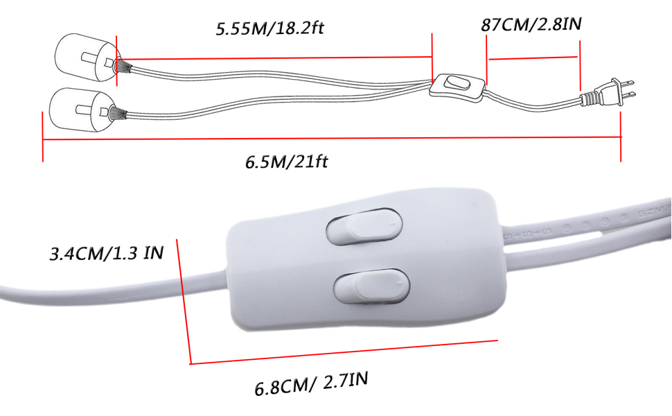 Rextin 2 packs double E26/E27 LED Light socket 13FT extension cord with