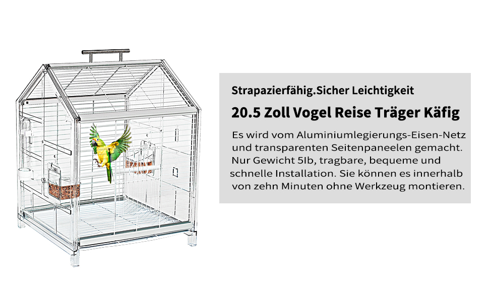 Tragbarer Vogelkäfig mit hausförmigem Design, Metallrahmen und transparenten Paneelen. Zur Ausstattung gehören ein oberer Griff und eine Tür. Der Begleittext beschreibt die Größe von 20,5 Zoll und die einfache Montage