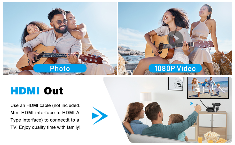 HDMI cable product showcasing connectivity from mobile devices to TV. Includes comparison of photo and 1080P video quality, and family viewing scenario.