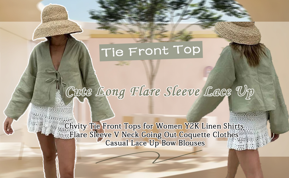 Chvity Tie Front Tops for Women Long Sleeve V Neck Linen