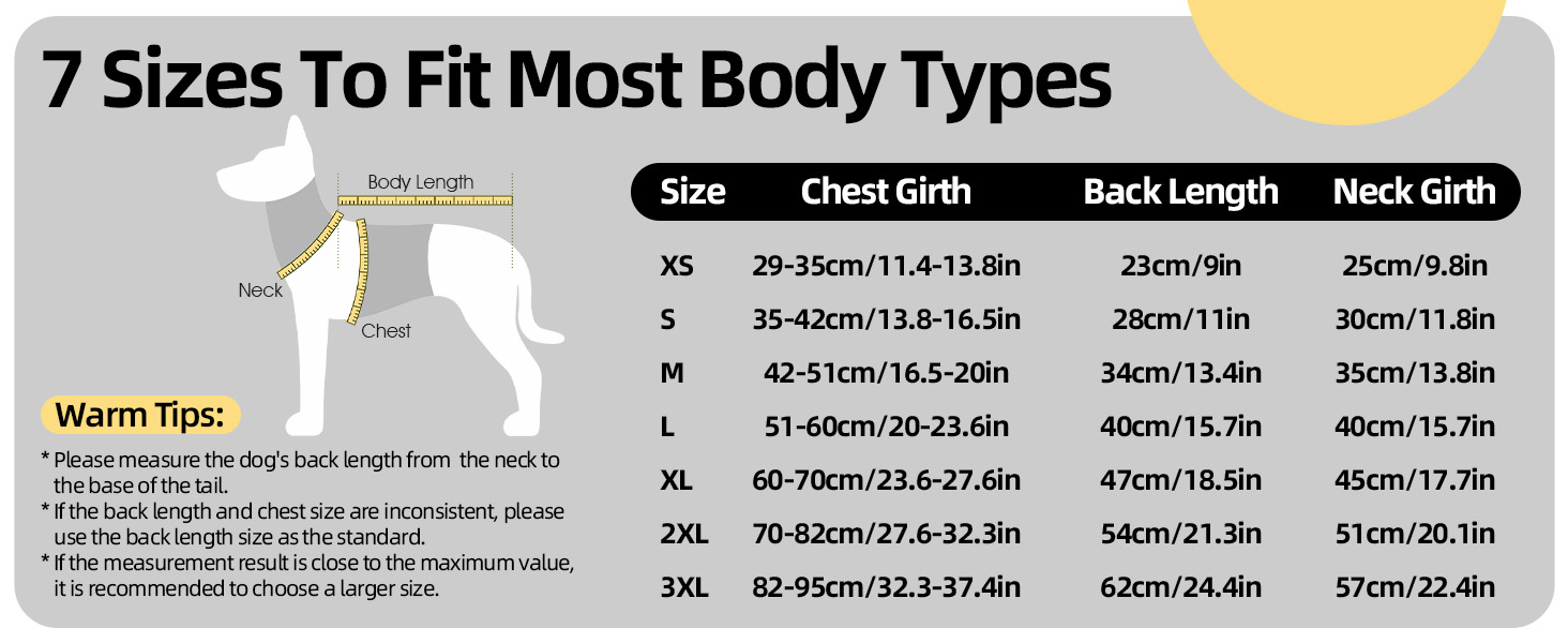 Text reads '7 Sizes To Fit Most Body Types' followed by detailed size chart showing measurements for different body sizes labeled XS through 3XL.