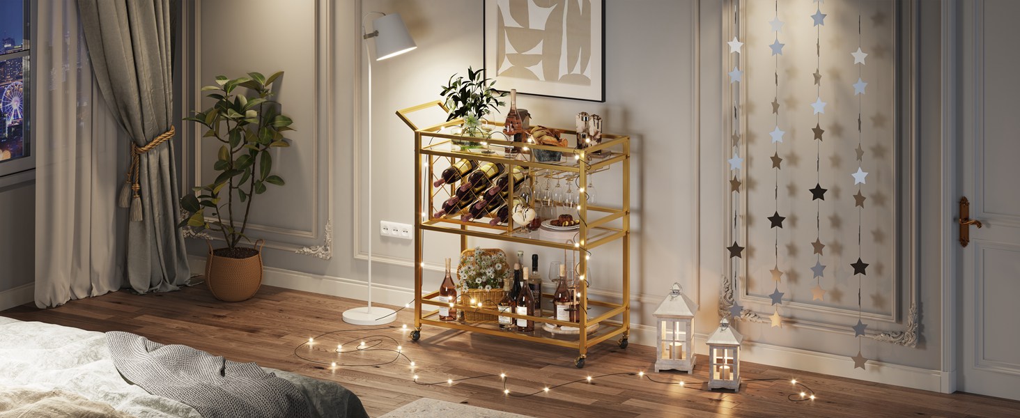 FATORRI Bar Cart for The Home with Wine Rack and Glasses Holder (Gold)