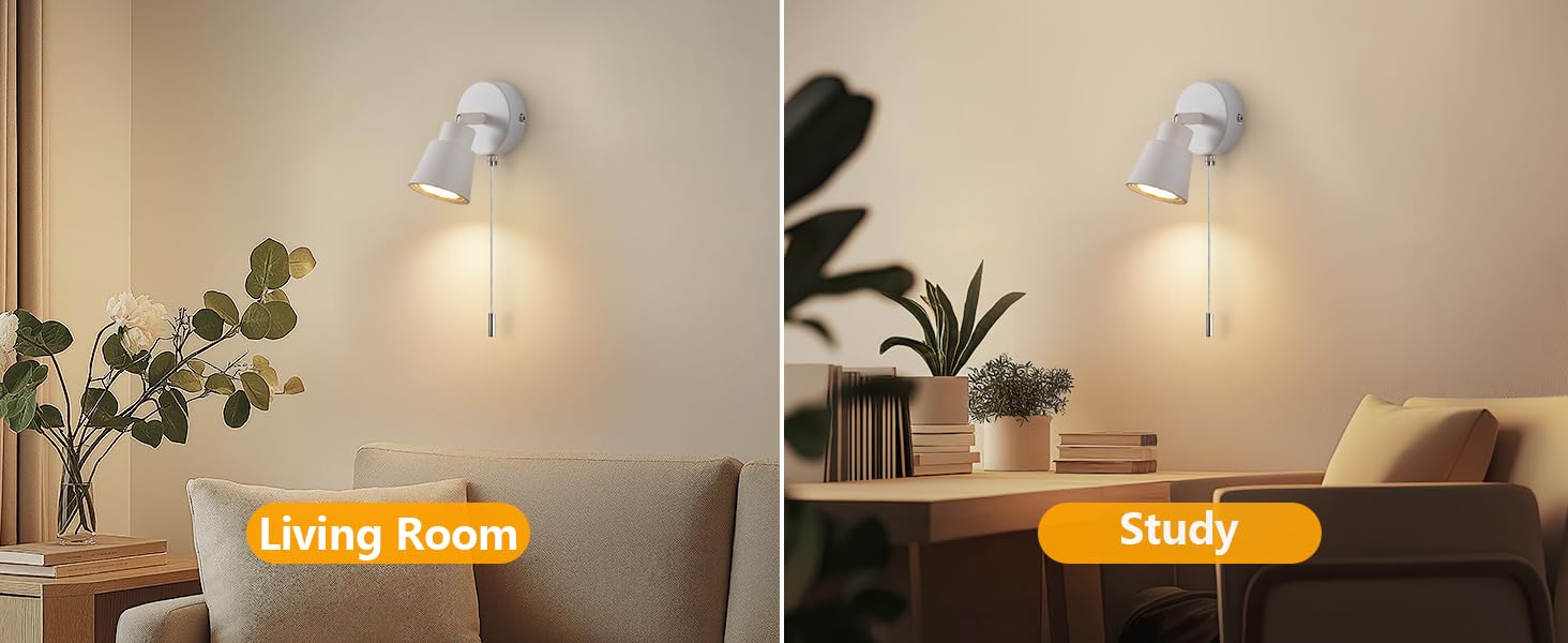 Wall-mounted adjustable light fixture shown in two settings: 'Living Room' with warm lighting and 'Study' with focused beam. Plants and furniture visible.