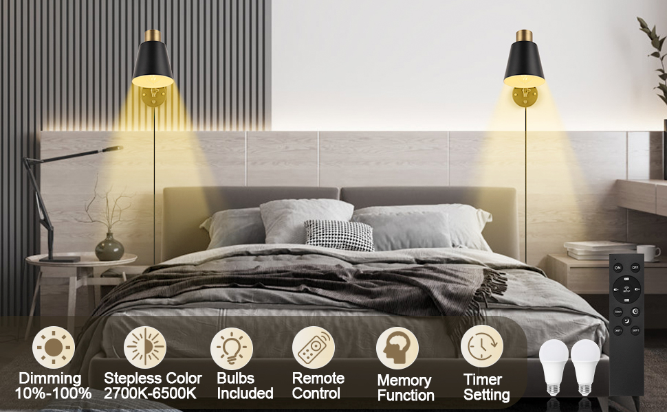 Plug in Wall Sconces with Remote,Adjustable Colors 2700K6500K