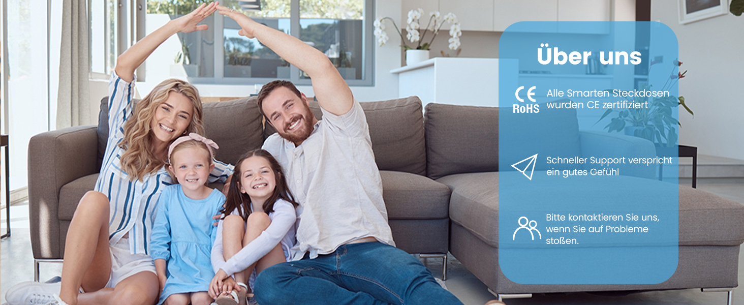 Vierköpfige Familie auf einer Couch, die mit ihren Armen eine Dachform formt. Das angrenzende Textfeld beschreibt die Dienstleistungen und Zertifizierungen eines Unternehmens.