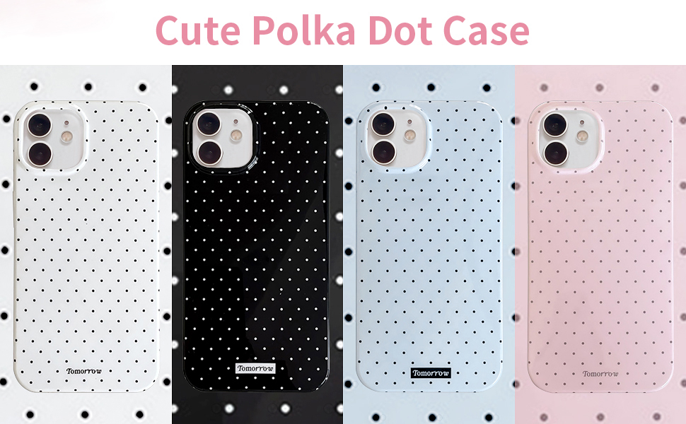 Four smartphone cases with polka dot patterns in white, black, light blue, and pink colors. Each case has camera cutouts and a small brand label at the bottom.