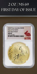 2023 P 2 oz Gold Australian Lunar Series III Year of the Rabbit Coin MS-69 FDOI