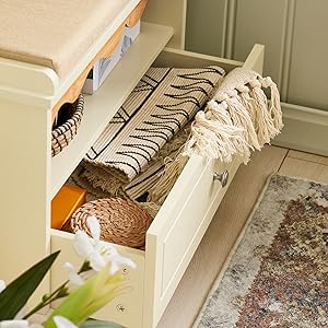 SoBuy FSR123-MI Schuhbank Mit Sitzkissen Garderobenbank Truhenbank Sitzbank Mit Stauraum Dielenbank Schuhtruhe Sitzkommode Schuhregal Mit Sitzbank Schmal Beige BHT Ca.: 60x46x35cm 15 1