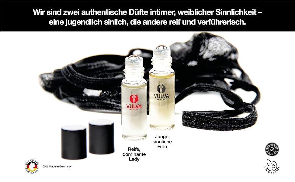 Zwei kleine Glasflaschen mit Düften mit schwarzen Seilen. Im Begleittext auf Deutsch werden Authentizität und Sinnlichkeit erwähnt