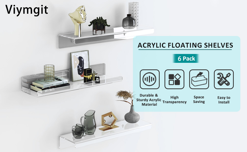 Viymgit 6 Pack Acrylic Wall Shelves, SelfAdhesive 15" Clear Floating