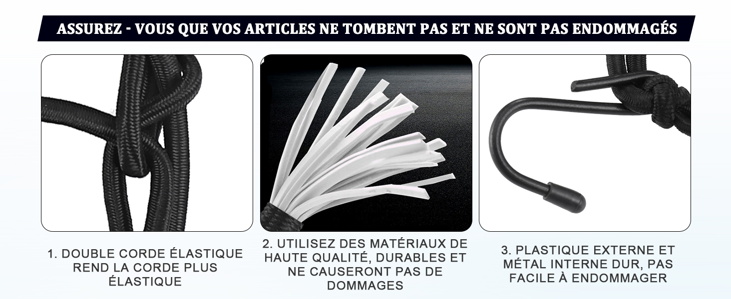 Le texte se lit comme suit : « ASSUREZ - VOUS QUE VOS ARTICLES NE TOMBENT PAS ET NE SONT PAS ENDOMMAGÉS ». Trois images pédagogiques montrant la manipulation appropriée de l'équipement et les contrôles de sécurité du matériel photo.