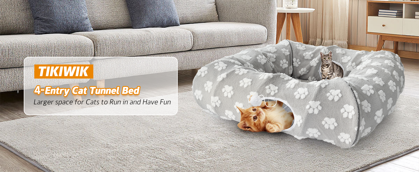 TIKIWIK 110" Cat Tunnel Bed for Indoor Cats, Foldable Large