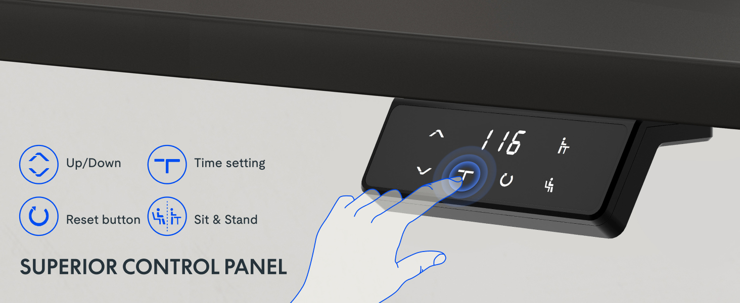 Bedieningspaneel voor verstelbaar bureau met digitaal display dat de hoogte weergeeft. Beschikt over knoppen voor omhoog/omlaag bewegen, tijdinstelling, reset en voorinstellingen voor zit/staan. Gelabeld als 'SUPERIOR CONTROL PANEL'
