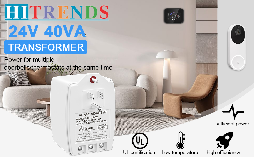 24VAC 40 VA Doorbell Transformer/Thermostat Transformer, AC Plug in