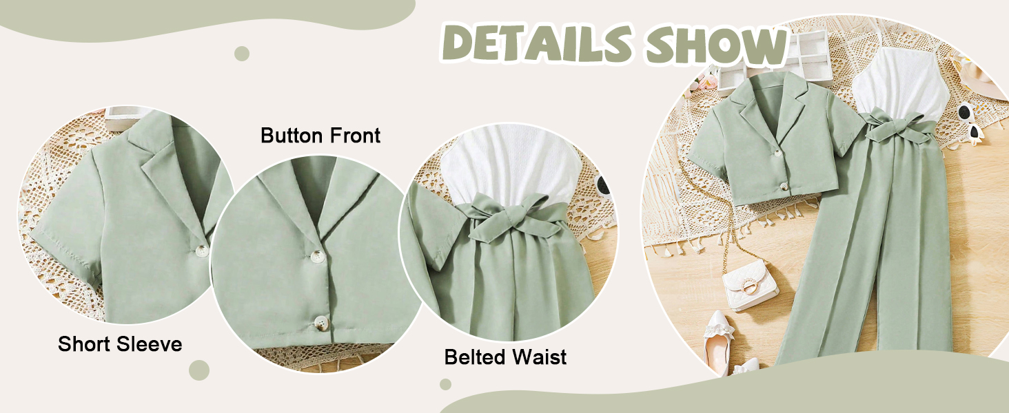 Floerns Girl's 2 Piece Outfits Short Sleeve Button Front Blazer Jacket & Belted Cami Jumpsuit Sets