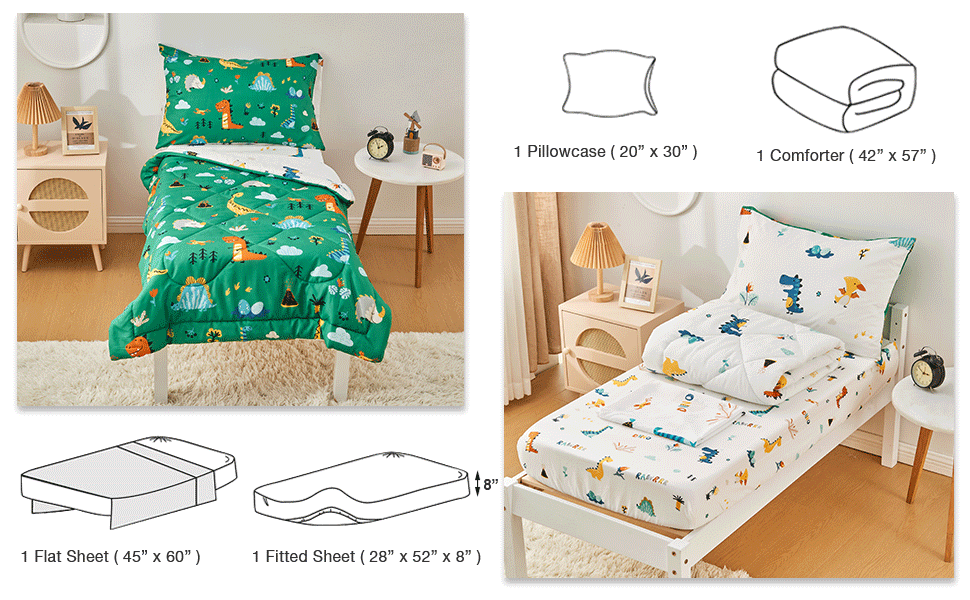 beeweed 4 Pieces Dinosaur Toddler Bedding Set Boys Girls, 2