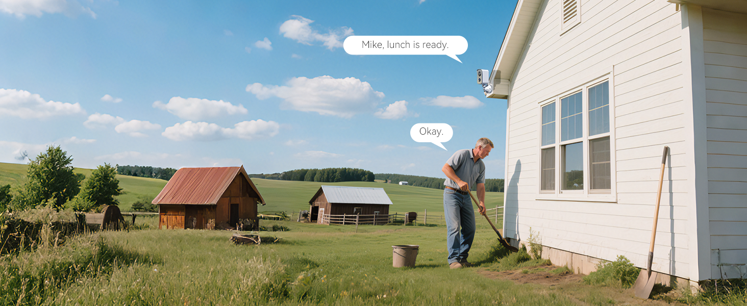 Man in blue shirt and jeans working outside a white house. Rural landscape with barns and fields visible in background. Speech bubbles indicate conversation.