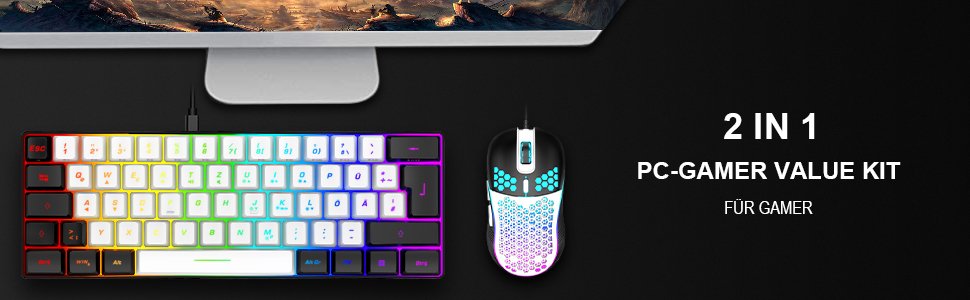 Gaming-Peripherieset mit mechanischer RGB-Tastatur und passender Maus im Wabendesign, gekennzeichnet als „2 IN 1 PC-GAMER VALUE KIT“.