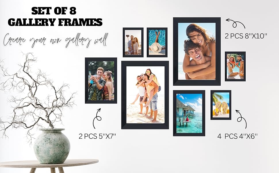 8 Pcs Multi Photo Frames Set Multiple Size Photograph, Black Picture