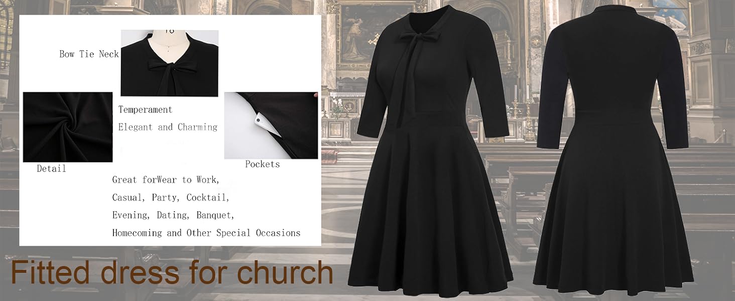 Plus Size Solid Black Dress 3/4 Sleeve Classic Vintage Tie Neck Formal Knee Length Dress for church