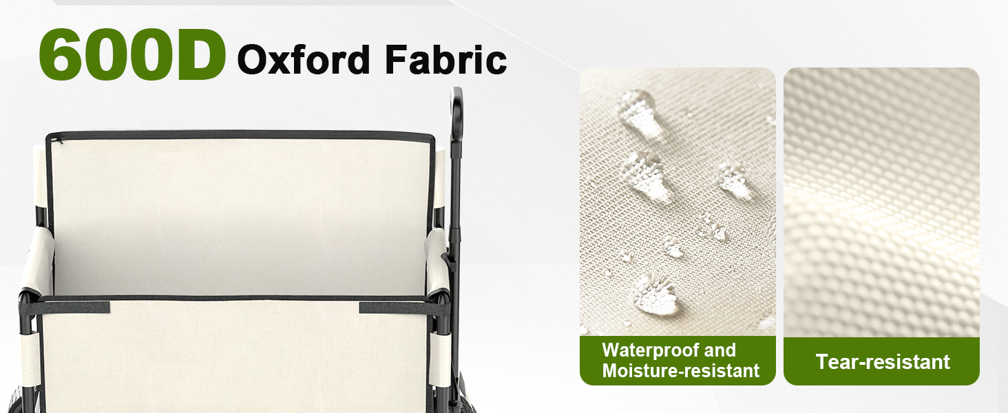 600D Oxford fabric product display showing waterproof and tear-resistant properties, with material sample and water droplet demonstration.
