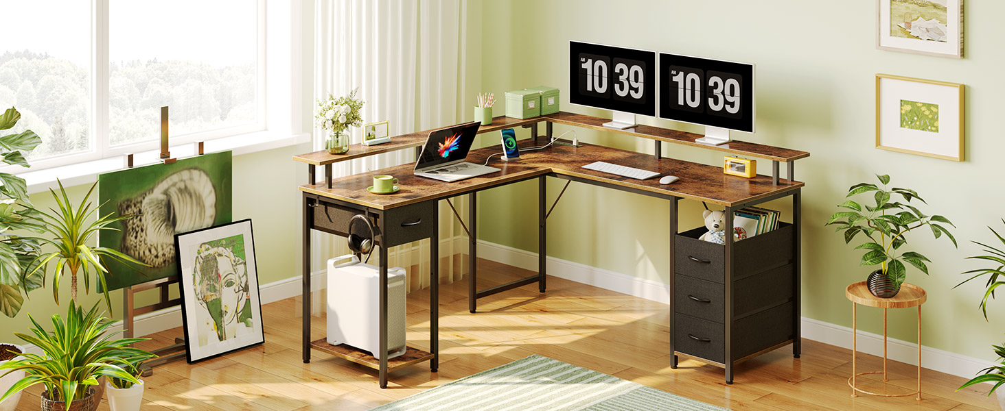 Seventable Computer Desk L Shaped, Gaming Desk with Drawers and Power ...