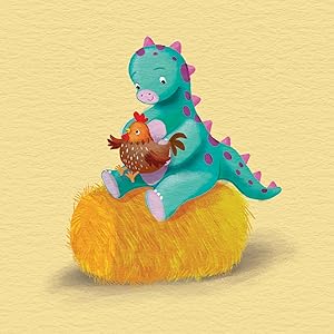 Blue dinosaur with chicken sitting on a hay bale