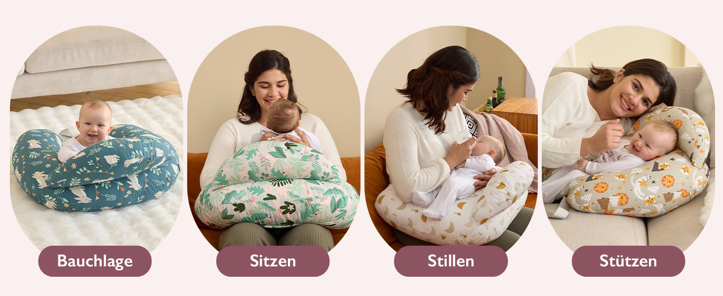 Serie von Lifestyle-Produktfotos, die ein grün gemustertes Nackenkissen oder Kissen in verschiedenen Nutzungsszenarien für Entspannung und Komfort zeigen.