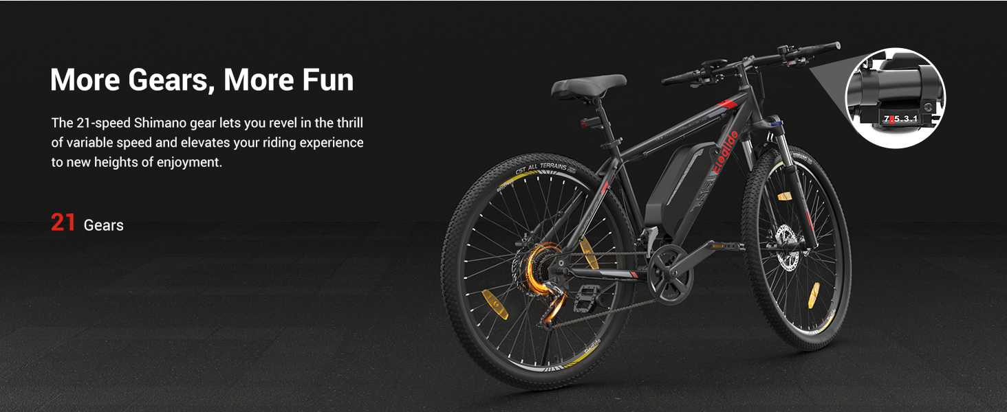 Black electric bicycle with '21 Gears' text and 'More Gears, More Fun' tagline shown in multiple angles against dark background, featuring disc brakes and a sturdy frame design.
