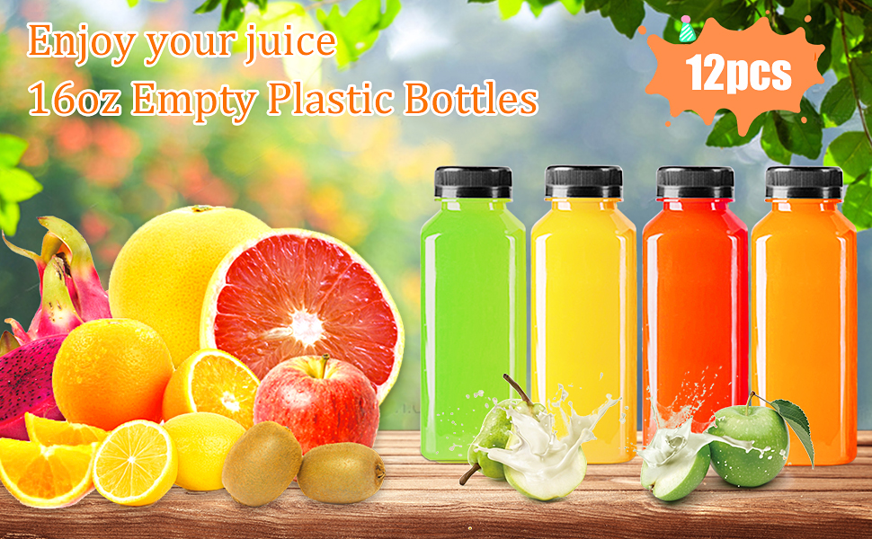 LOVLLE 16 Oz Plastic Bottles with Caps 12Pcs Juice Bottles Clear Reusable Containers