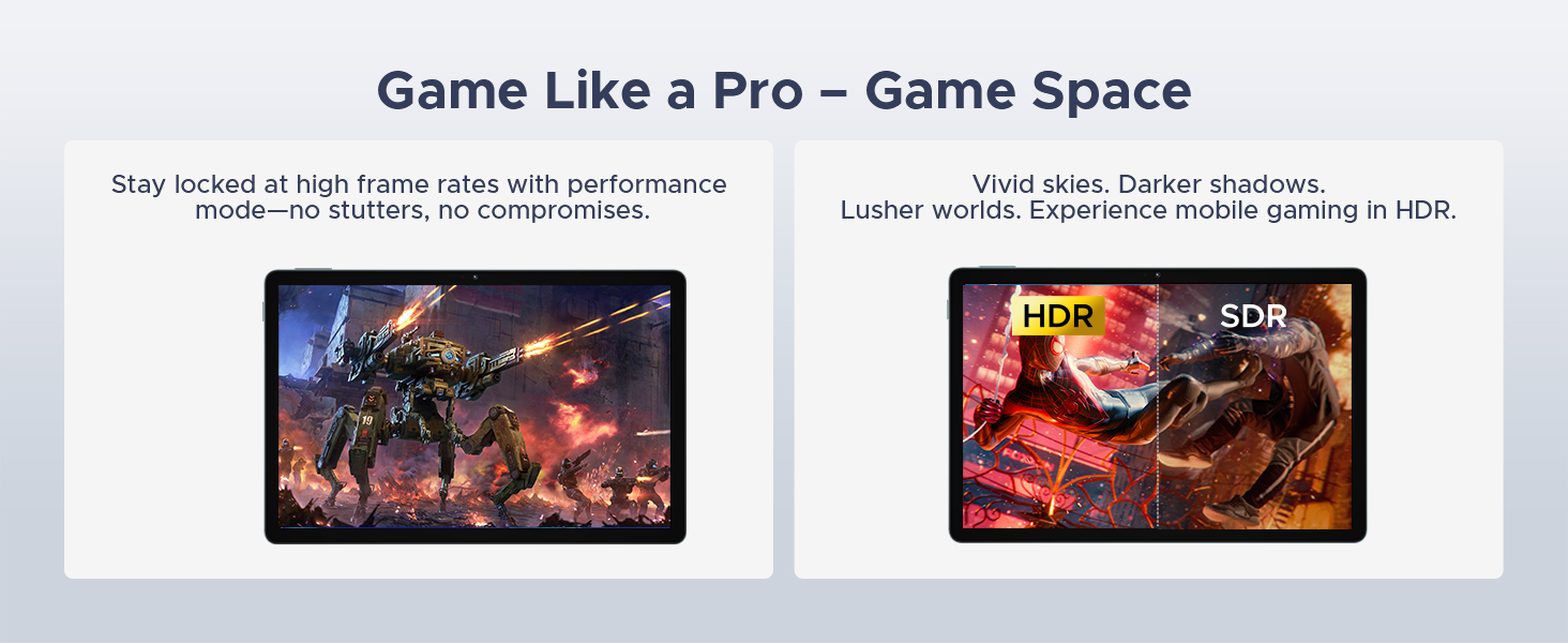 Text reads 'Game Like a Pro - Game Space'. Gaming interface screenshots showing various menu screens and gameplay elements with dynamic lighting effects.