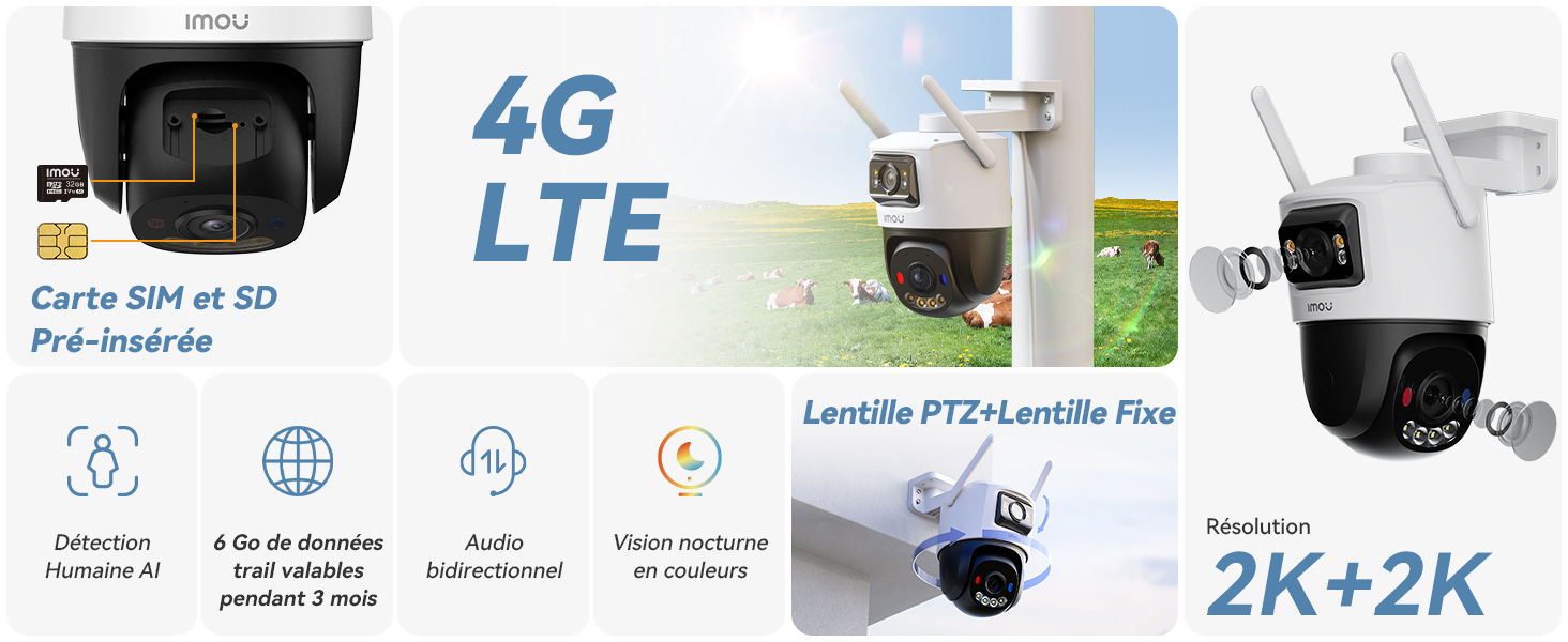 Système de Camera de Sécurité 4G LTE Options AVEC PTZ et Objectif Fixe, AVEC UNESOLUTION 2K + 2K ET UNE COMPATIBILÉ AVEC LES CARTES SIM.