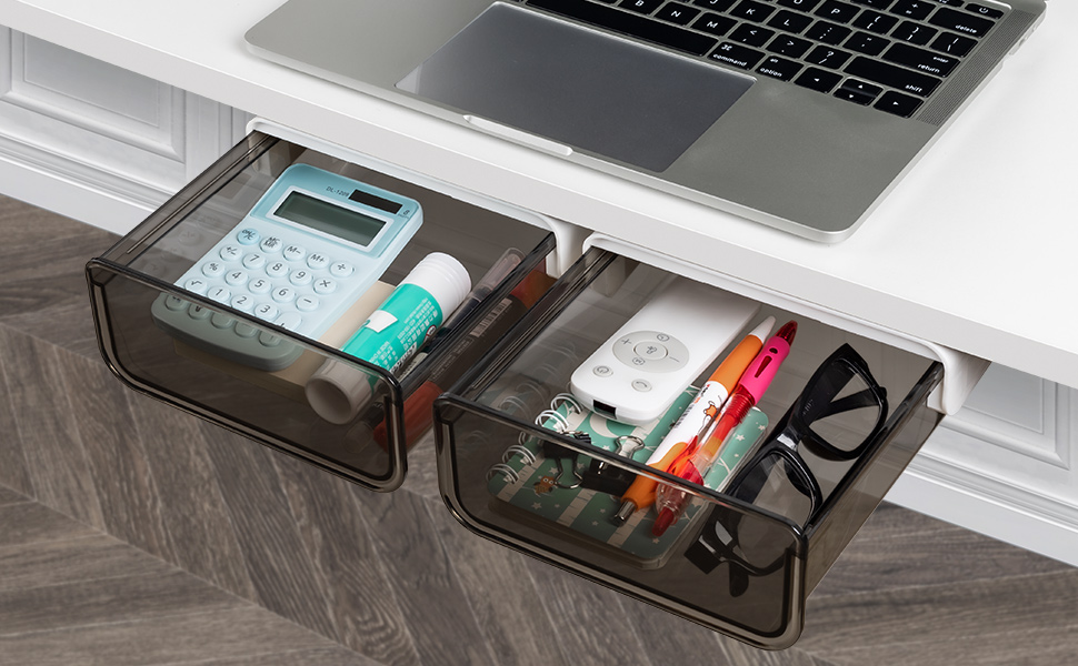 JIZIYRUO 2 Pcs Under Desk Drawers, Selfadhesive Hanging Pencil Drawer
