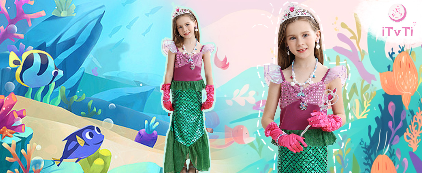 Girls Little Mermaid Costume Princess Dress Up Ariel Outfits