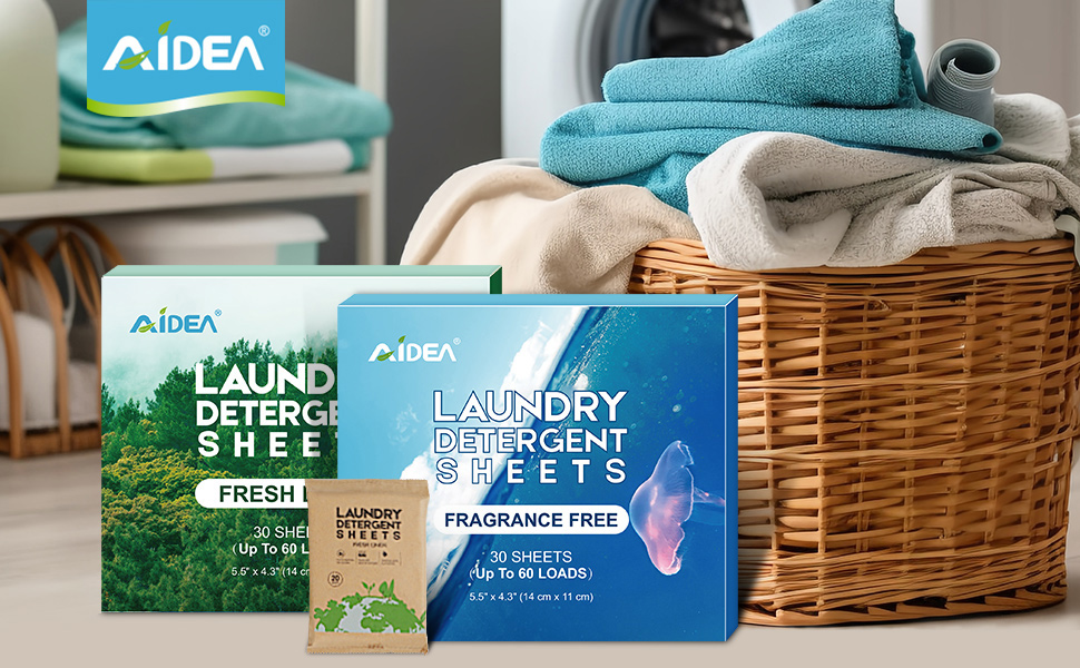 AIDEA Laundry Detergent Sheets, Fresh Scent(60 Loads) 30 Sheets, EcoFriendly