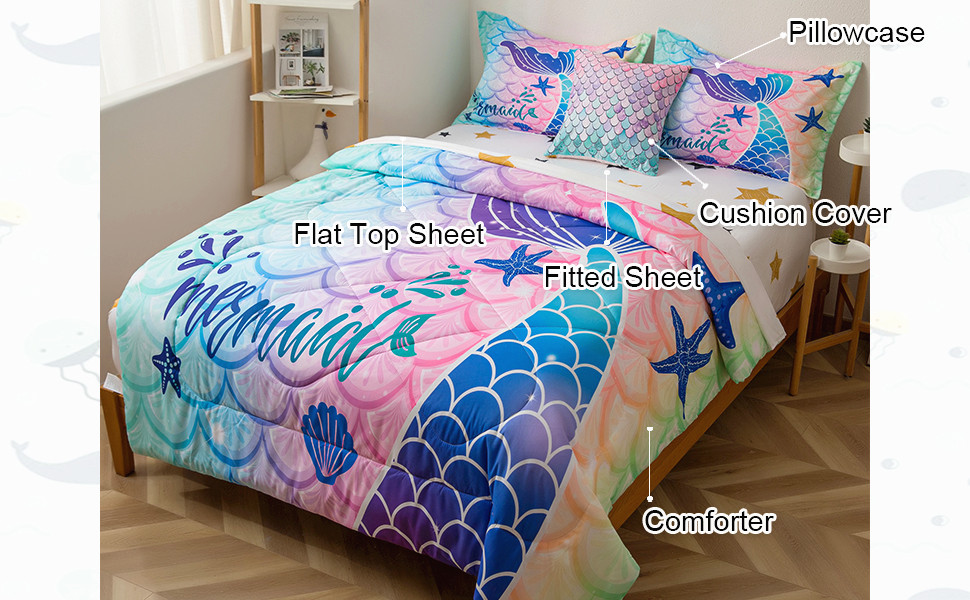 qjmiaofang Mermaid Bedding Set Twin Size Blue Mermaid Tail Comforter
