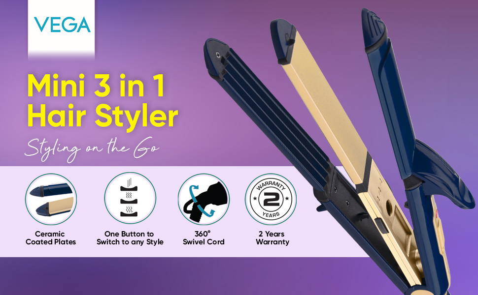 Vega 3 in 1 Mini Hair Styler Mini Hair Straightener, Mini Curler & Mini Hair Crimper fro Women