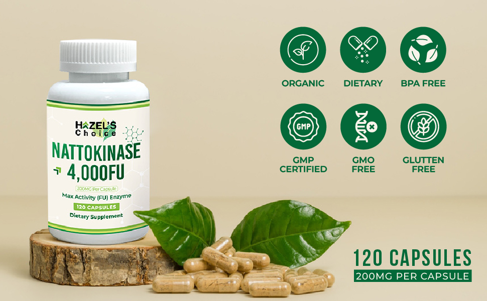 Organic NattoKinase 4,000FU supplement bottle, 120 capsules, BPA-free, GMP certified