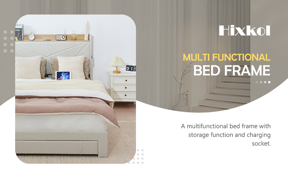 Hixkol King Size Bed Frame with Storage and Linen Headboard