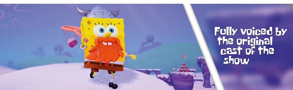 SpongeBob SquarePants cartoon character in dynamic pose against purple background with motion effects.