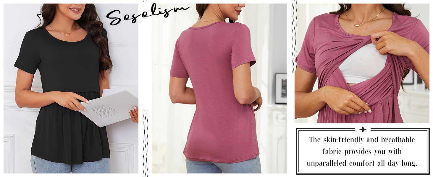 Sosolism Women's Maternity Nursing Tops for Breastfeeding Short Sleeve Peplum Pregnancy Clothes