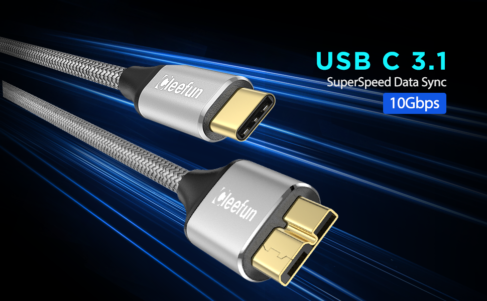 CLEEFUN Short USB C Hard Drive Cable 0.3m,USB C to USB 3.1 Micro B 10Gbps Nylon Braided USB Type