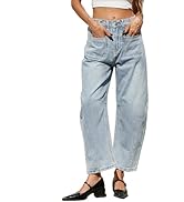 D-Sun Women Casual Mid Rise Barrel Jeans Wide Leg Cropped Horseshoe Denim Trousers Baggy Vintage ...
