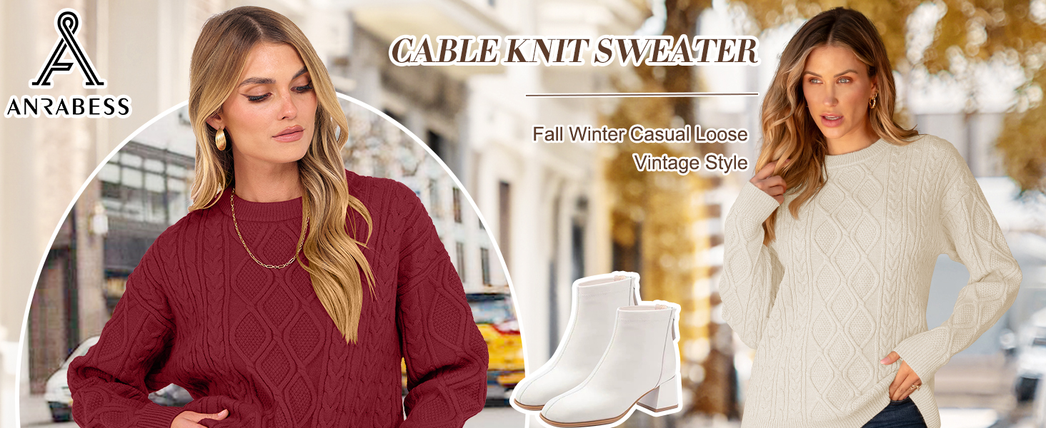 ANRABESS Sweaters for Women Long Sleeve Oversized Crewneck Cable Knit Vintage Heavy Sweater