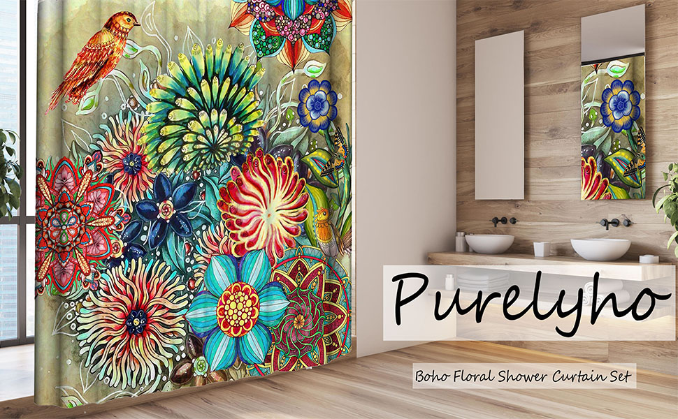 Boho Floral Shower Curtain Set,Bohemian Beautiful Bright Fabric Cloth Colorful