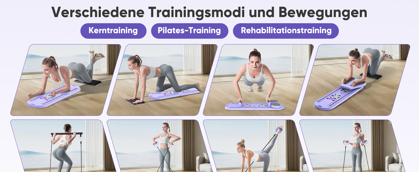 Der Text lautet „Verschiedene Trainingsmodi und Bewegungen“. Serie von Übungsdemonstrationsfotos, die Yoga- oder Fitness-Posen auf blauen Matten mit mehreren Trainingspositionen und Bewegungen zeigen.