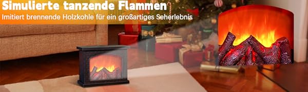 con llamas simuladas. Muestra el dispositivo en uso, creando iluminación ambiental en una sala