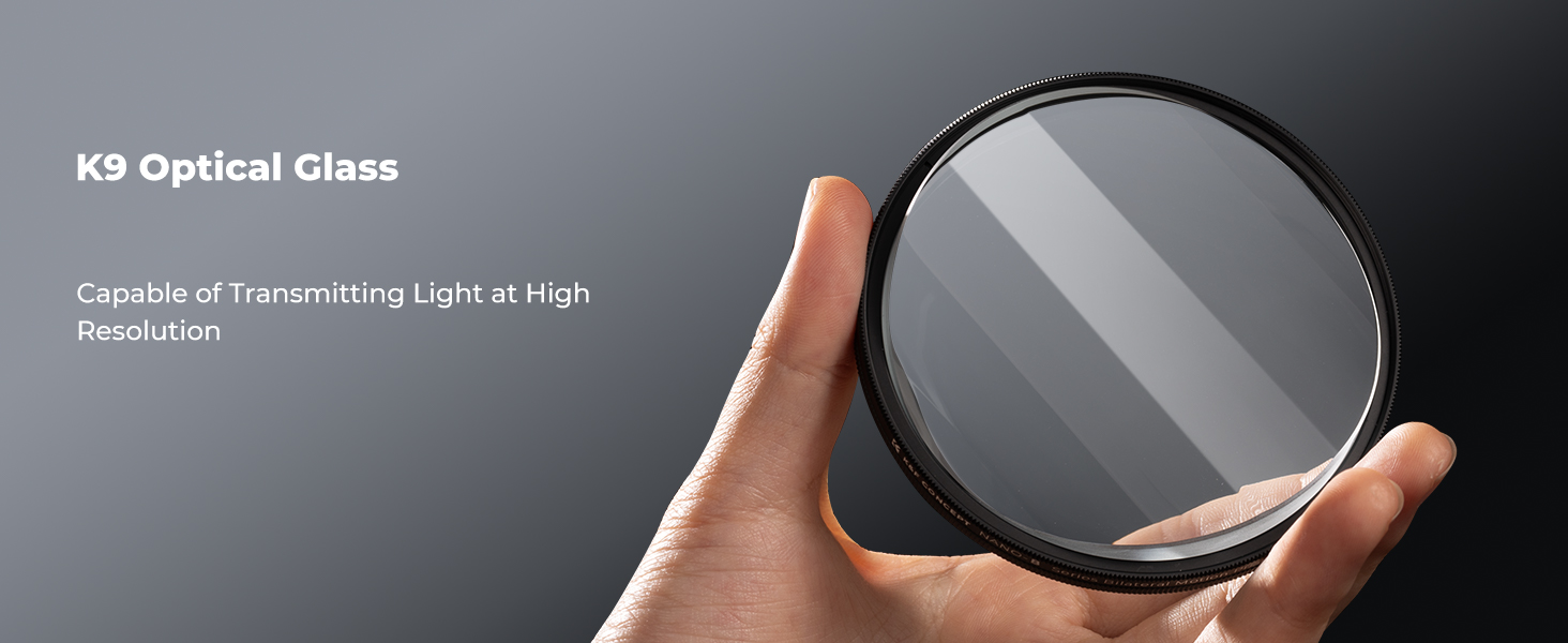 Circular optical glass lens held between fingers. Text indicates it's K9 Optical Glass capable of transmitting light at high resolution.
