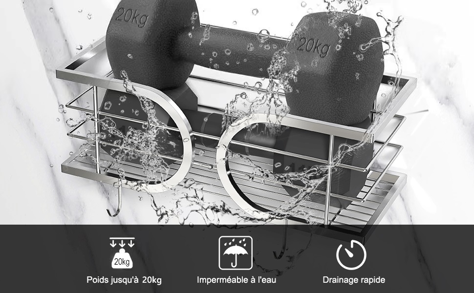 Image en noir et blanc d'haltères dans un support avec des éclaboussures d'eau, montrant des éléments de rangement étanches avec des icônes de poids et d'heure ci-dessous